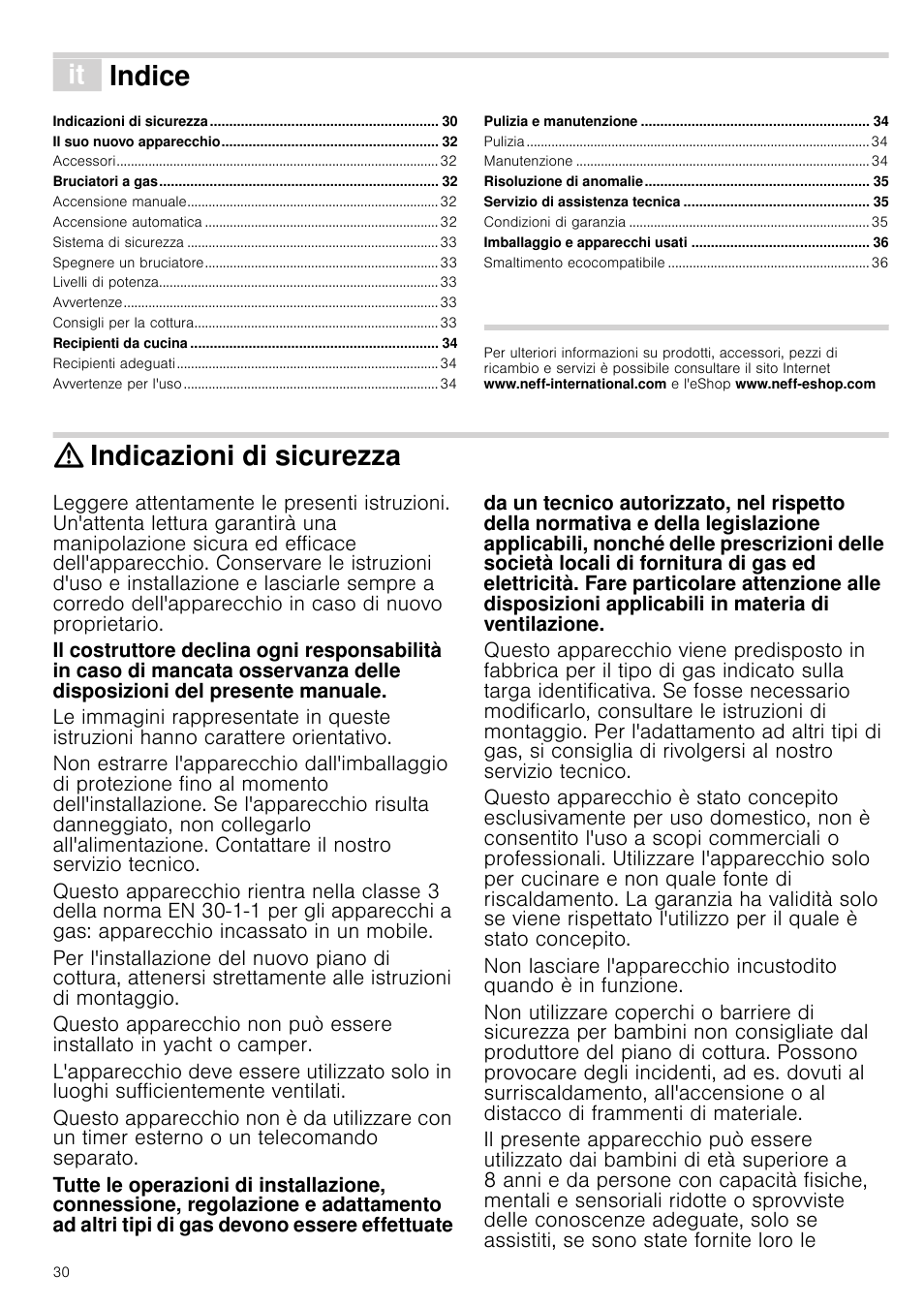 Â indice[it] istruzioni per l’uso, Indicazioni di sicurezza, Istruzioni per l’uso | Indice | Neff N24K30N0 User Manual | Page 30 / 44
