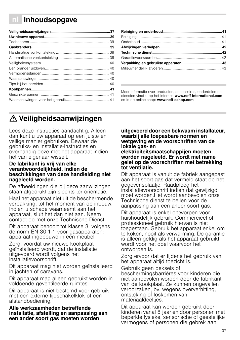 É inhoudsopgave[nl] gebruiksaanwijzing, Veiligheidsaanwijzingen, Gebruiksaanwijzing | Inhoudsopgave | Neff N24K30N0 User Manual | Page 37 / 44
