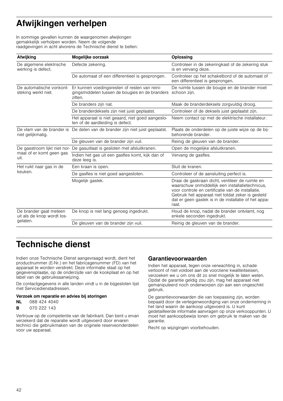 Afwijkingen verhelpen, Technische dienst, Verzoek om reparatie en advies bij storingen | Garantievoorwaarden, Chnische dienst | Neff N24K30N0 User Manual | Page 42 / 44