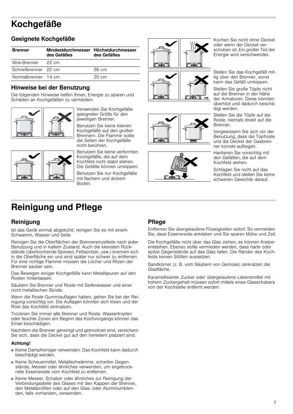 Kochgefäße, Geeignete kochgefäße, Hinweise bei der benutzung | Reinigung und pflege, Reinigung, Achtung, Pflege, Geeignete kochgefäße hinweise bei der benutzung | Neff N24K30N0 User Manual | Page 7 / 44