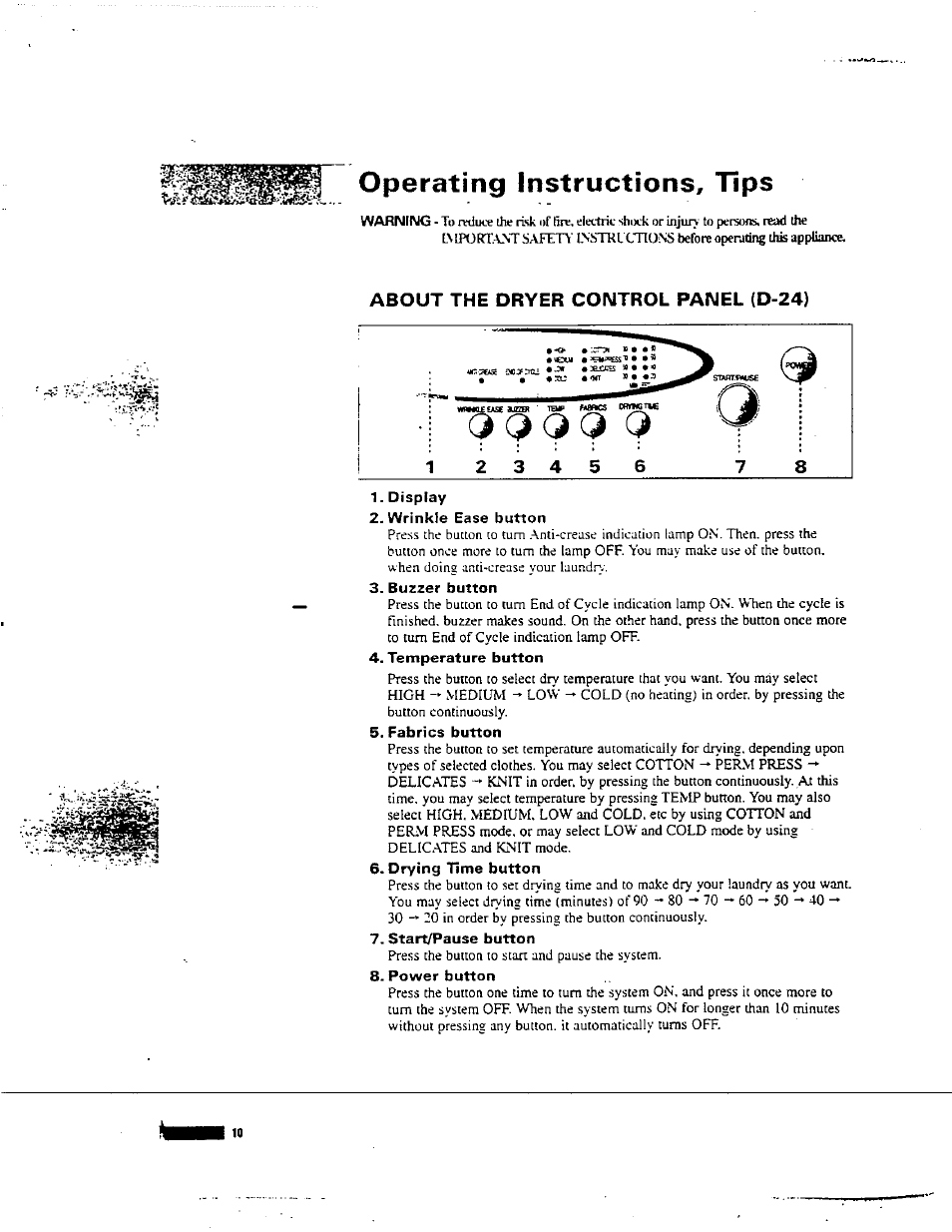 About the dryer control panel (d-24), Display, Wrinkle ease button | Buzzer button, Temperature button, Fabrics button, Drying time button, Start/pause button, Power button, About the dryer control panelid-24) | Avanti D-24 User Manual | Page 10 / 24