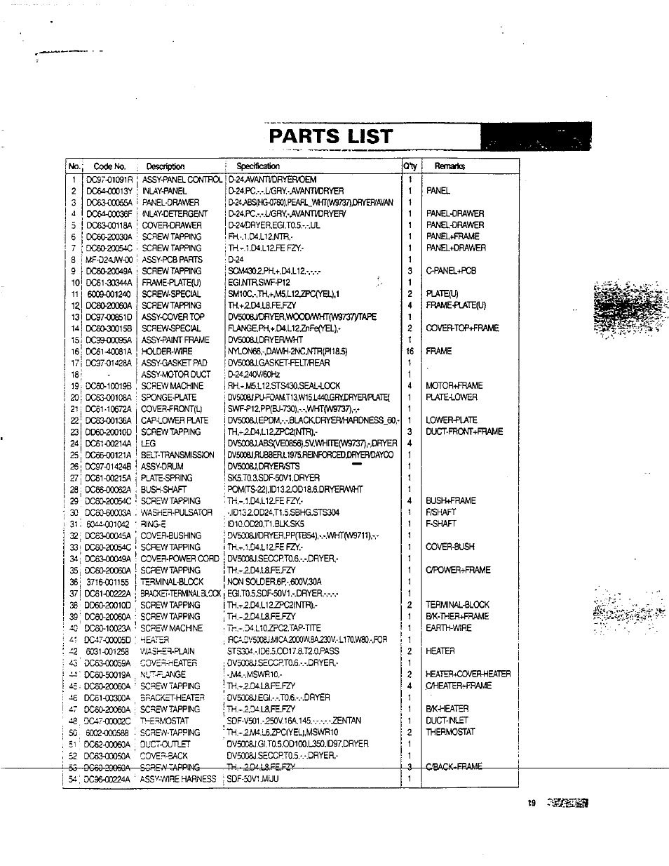 Parts list, Dc63^1iaa, I 48 | Ewrapping, Cpana-pcb, Backhframe | Avanti D-24 User Manual | Page 19 / 24