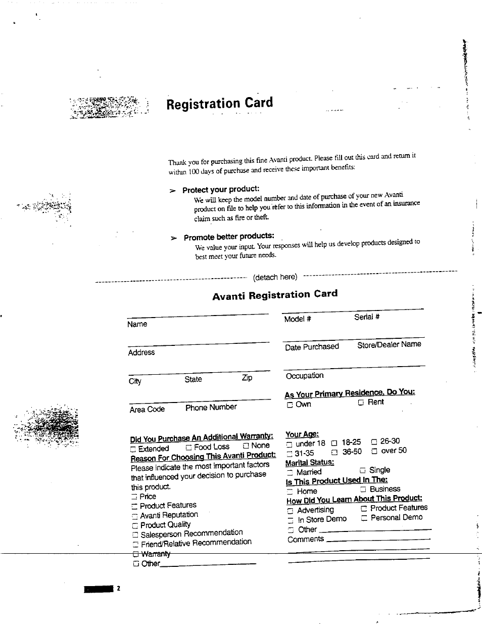 Registration card | Avanti D-24 User Manual | Page 2 / 24