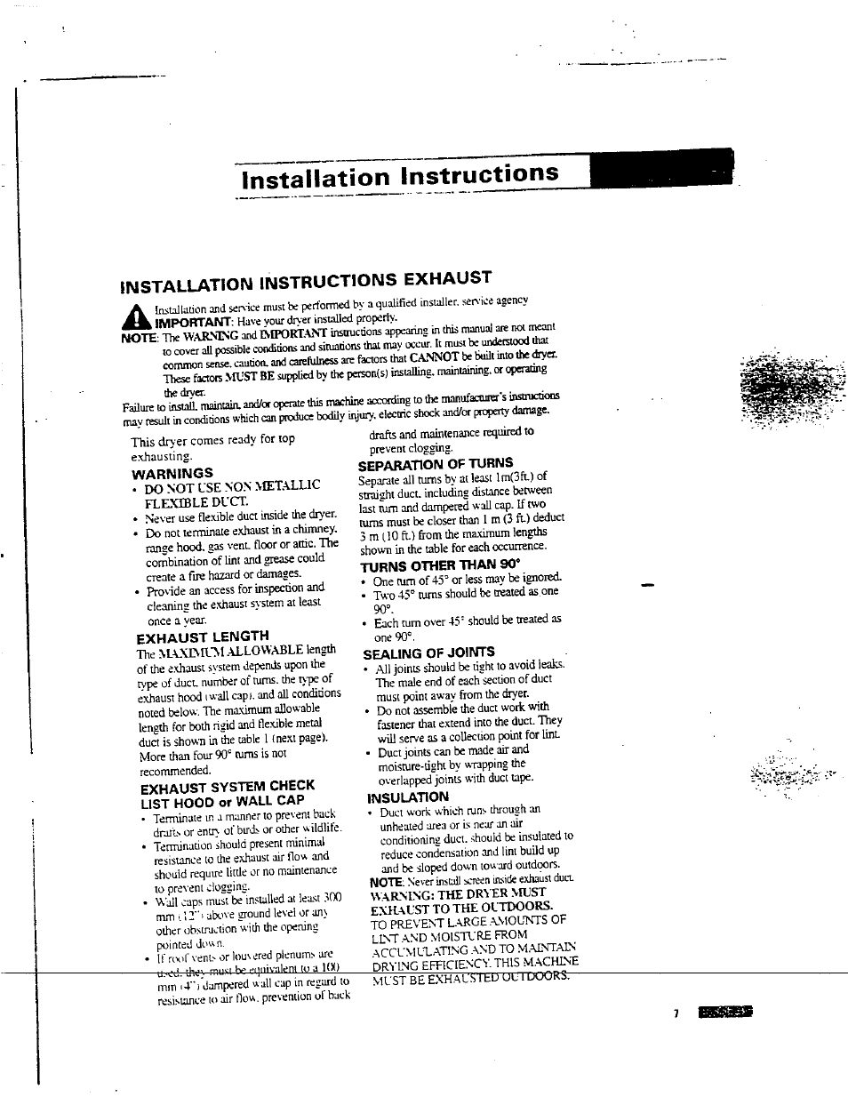 Installation instructions, Exhaust length, Exhaust system check list hood or wall cap | Separation of turns, Turns other than 90, Sealing of joints, Insulation, Installation instructions exhaust | Avanti D-24 User Manual | Page 7 / 24