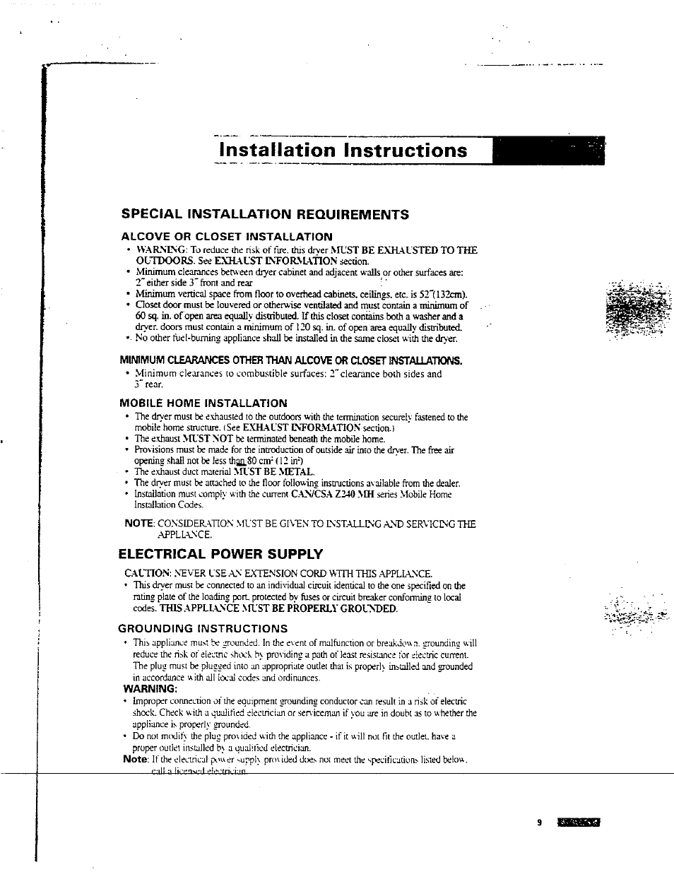 Installation instructions, Special installation requirements, Alcove or closet installation | Mobile home installation, Electrical power supply, Grounding instructions, Warning | Avanti D-24 User Manual | Page 9 / 24