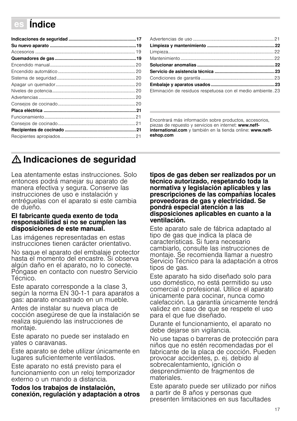 Û índice[es] instrucciones de uso, Indicaciones de seguridad, Instrucciones de uso | Índice | Neff T67S76N1 User Manual | Page 17 / 45