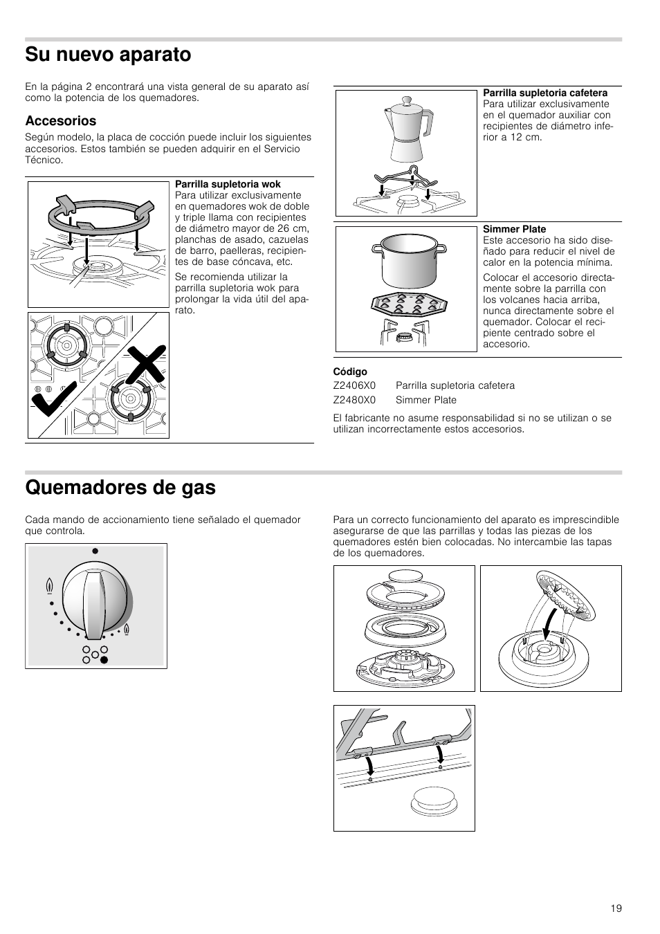 Su nuevo aparato, Accesorios, Código | Quemadores de gas | Neff T67S76N1 User Manual | Page 19 / 45