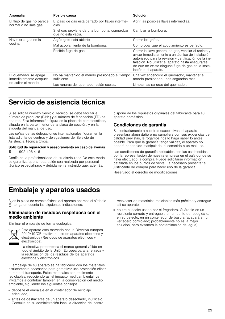 Servicio de asistencia técnica, Condiciones de garantía, Embalaje y aparatos usados | Écnica condiciones de garantía, Os usados | Neff T67S76N1 User Manual | Page 23 / 45