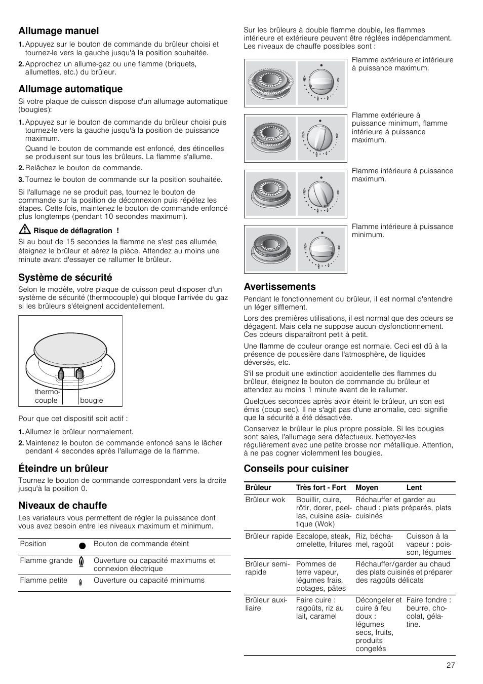 Allumage manuel, Allumage automatique, Relâchez le bouton de commande | Risque de déflagration, Système de sécurité, Allumez le brûleur normalement, Éteindre un brûleur, Niveaux de chauffe, Avertissements, Conseils pour cuisiner | Neff T67S76N1 User Manual | Page 27 / 45