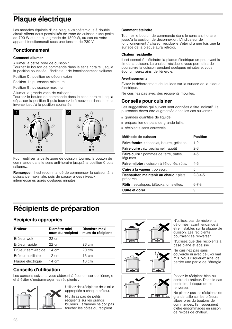 Plaque électrique, Fonctionnement, Comment allumer | Remarque, Comment éteindre, Chaleur résiduelle, Avertissements, Conseils pour cuisiner, Récipients de préparation, Récipients appropriés | Neff T67S76N1 User Manual | Page 28 / 45