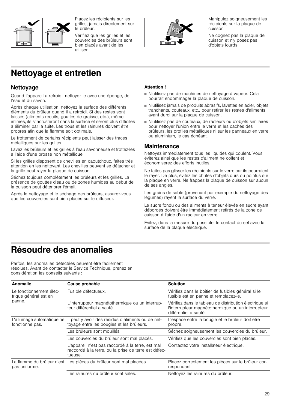 Nettoyage et entretien, Nettoyage, Attention | Maintenance, Résoudre des anomalies, Maintenance résoudre des anomalies | Neff T67S76N1 User Manual | Page 29 / 45