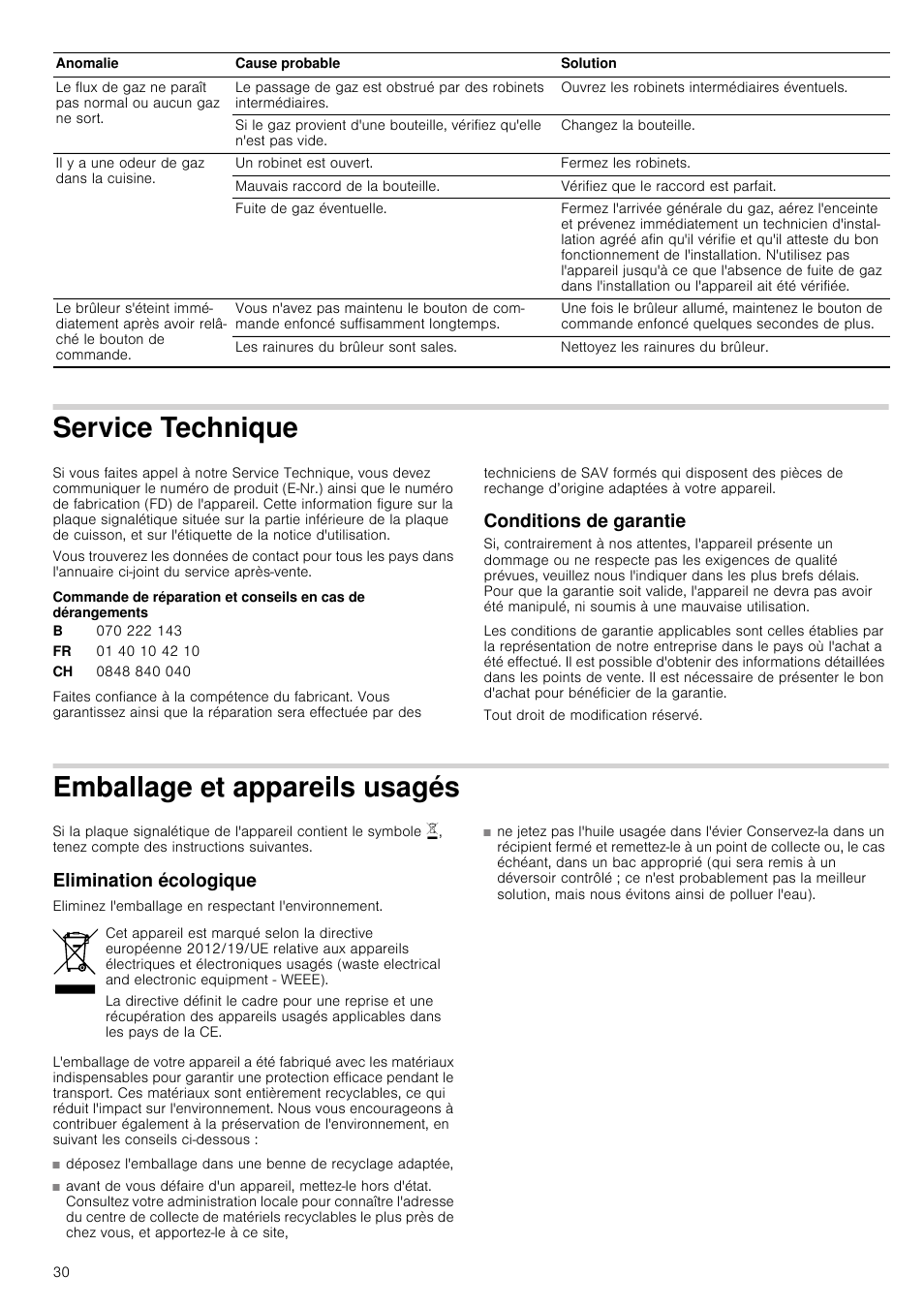 Service technique, Conditions de garantie, Emballage et appareils usagés | Elimination écologique, És elimination écologique | Neff T67S76N1 User Manual | Page 30 / 45