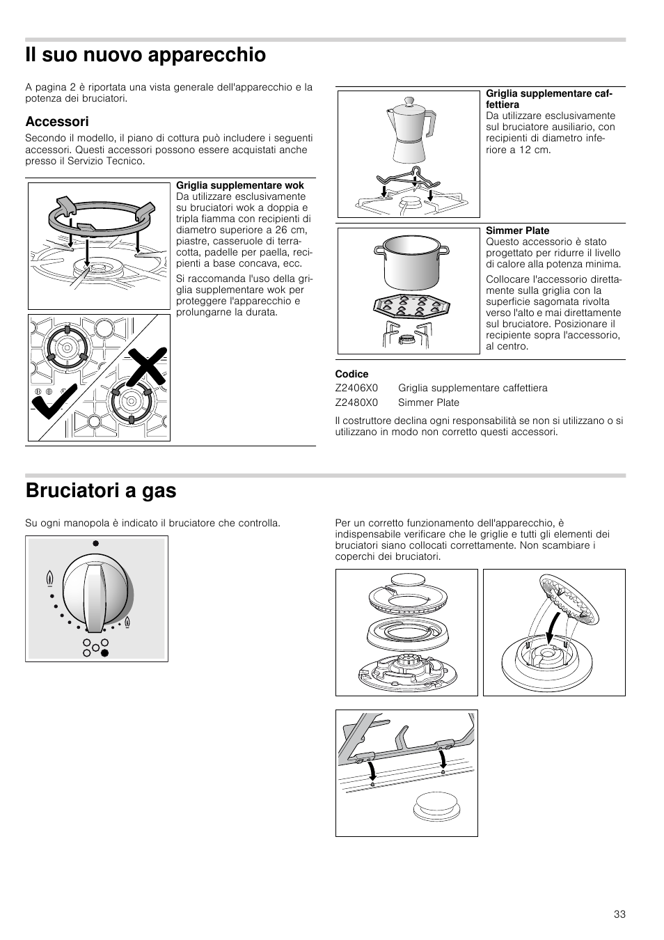 Il suo nuovo apparecchio, Accessori, Codice | Bruciatori a gas | Neff T67S76N1 User Manual | Page 33 / 45