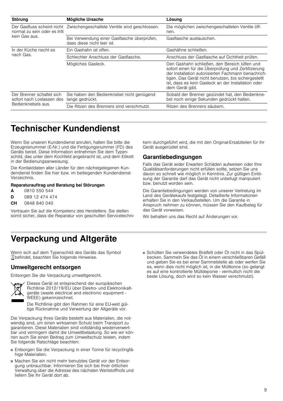 Technischer kundendienst, Reparaturauftrag und beratung bei störungen, Garantiebedingungen | Verpackung und altgeräte, Umweltgerecht entsorgen, Undendienst garantiebedingungen | Neff T67S76N1 User Manual | Page 9 / 45