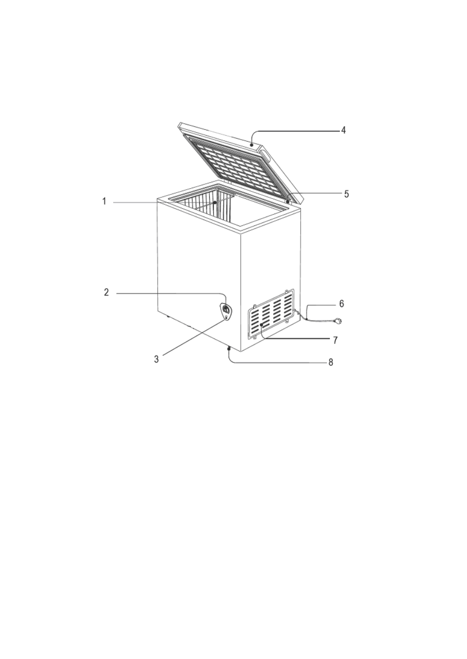 Cf103, Storage basket, Temperature control | Power indicator light, Door with integrated handle, Hinge, Power cord, Side panel, Legs | Avanti FREEZER / CONGELADOR CF103 User Manual | Page 4 / 20
