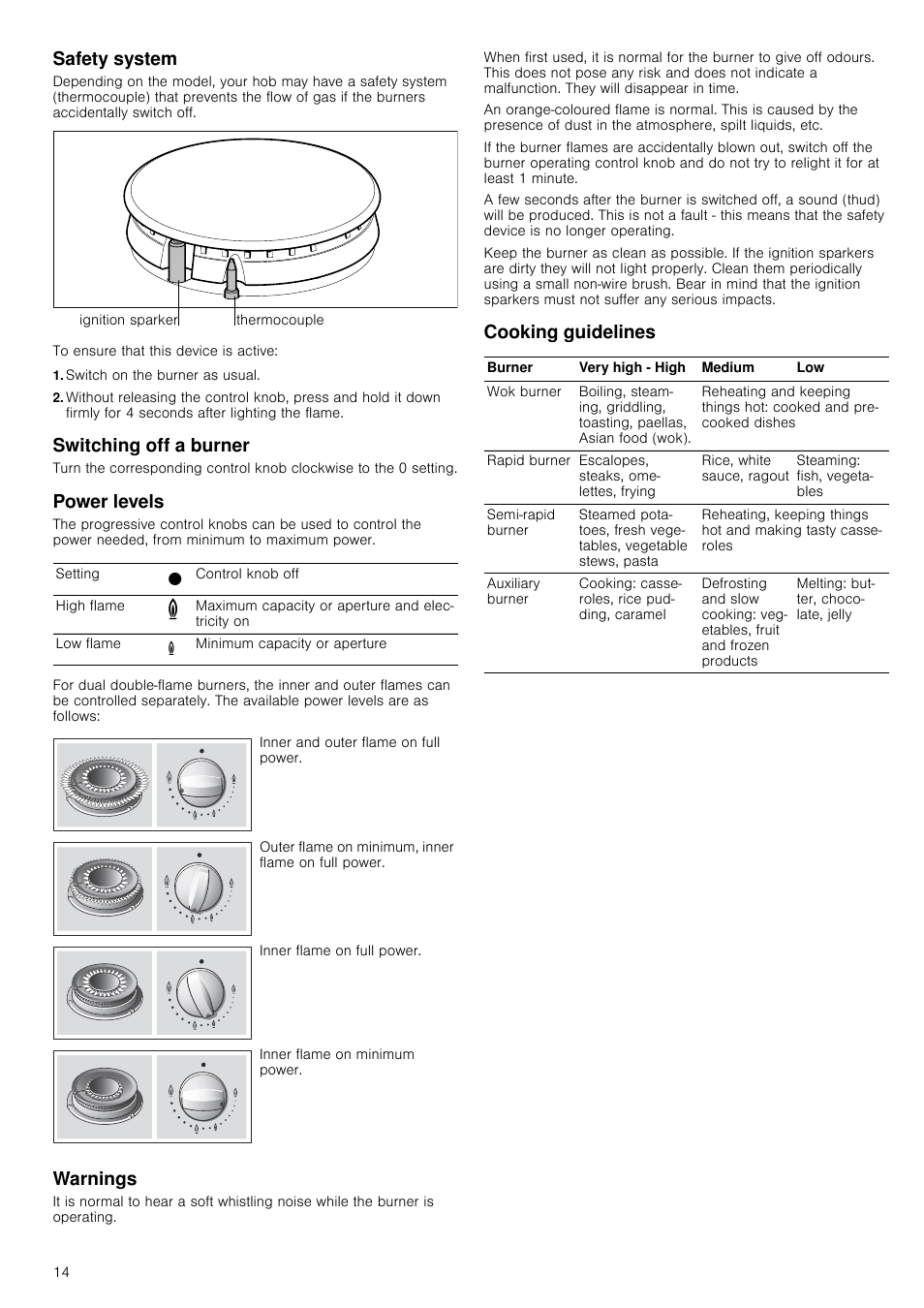 Safety system, Switch on the burner as usual, Switching off a burner | Power levels, Warnings, Cooking guidelines | Neff T22S36N0 User Manual | Page 14 / 32