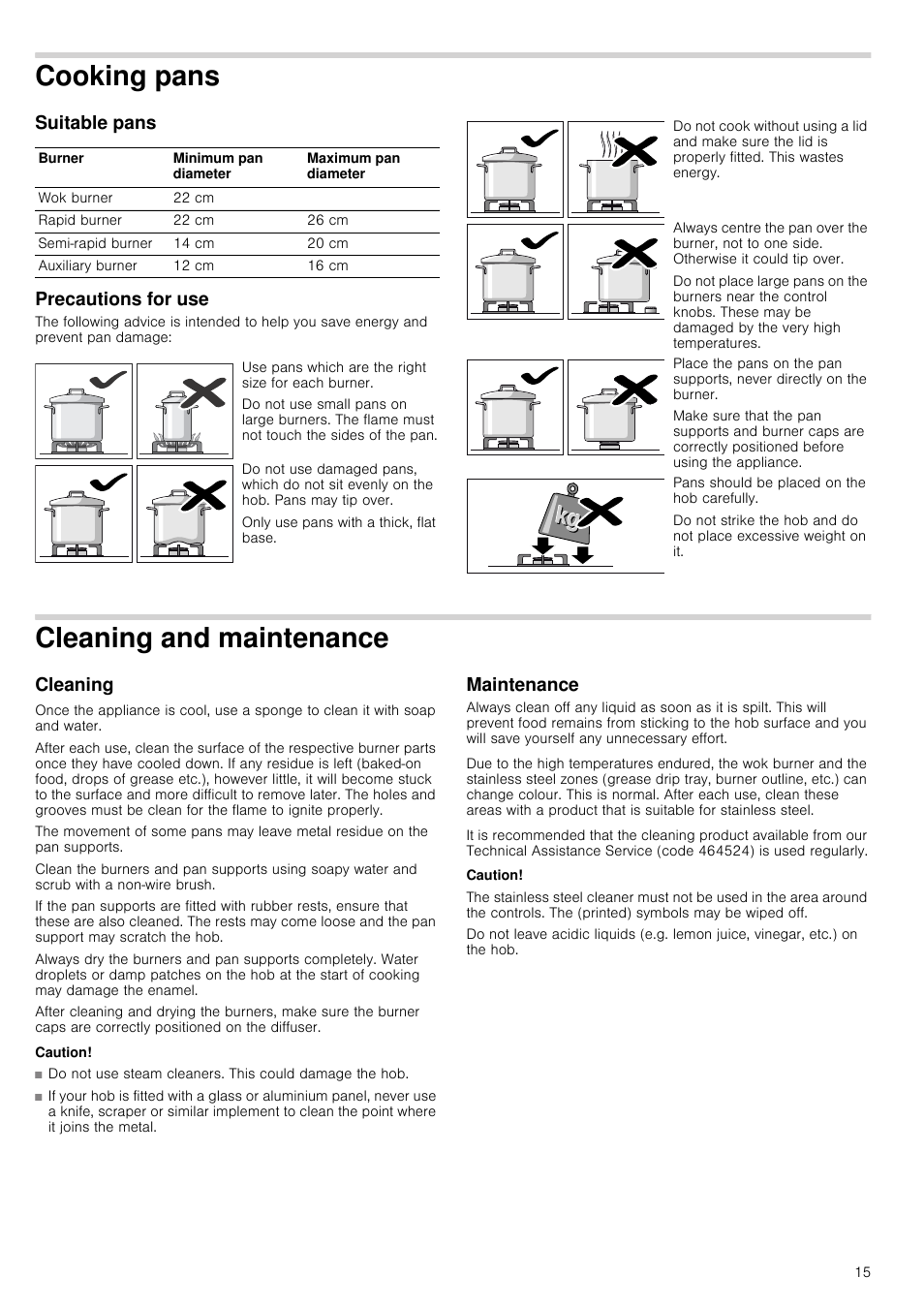 Cooking pans, Suitable pans, Precautions for use | Cleaning and maintenance, Cleaning, Caution, Maintenance, Cleaning and maintenance cleaning, Suitable pans precautions for use | Neff T22S36N0 User Manual | Page 15 / 32