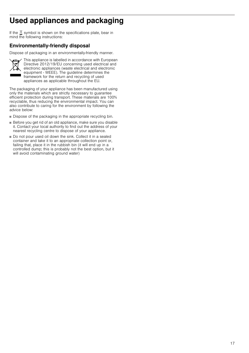 Used appliances and packaging, Environmentally-friendly disposal | Neff T22S36N0 User Manual | Page 17 / 32