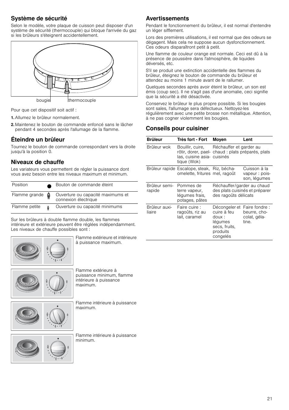 Système de sécurité, Allumez le brûleur normalement, Éteindre un brûleur | Niveaux de chauffe, Avertissements, Conseils pour cuisiner | Neff T22S36N0 User Manual | Page 21 / 32