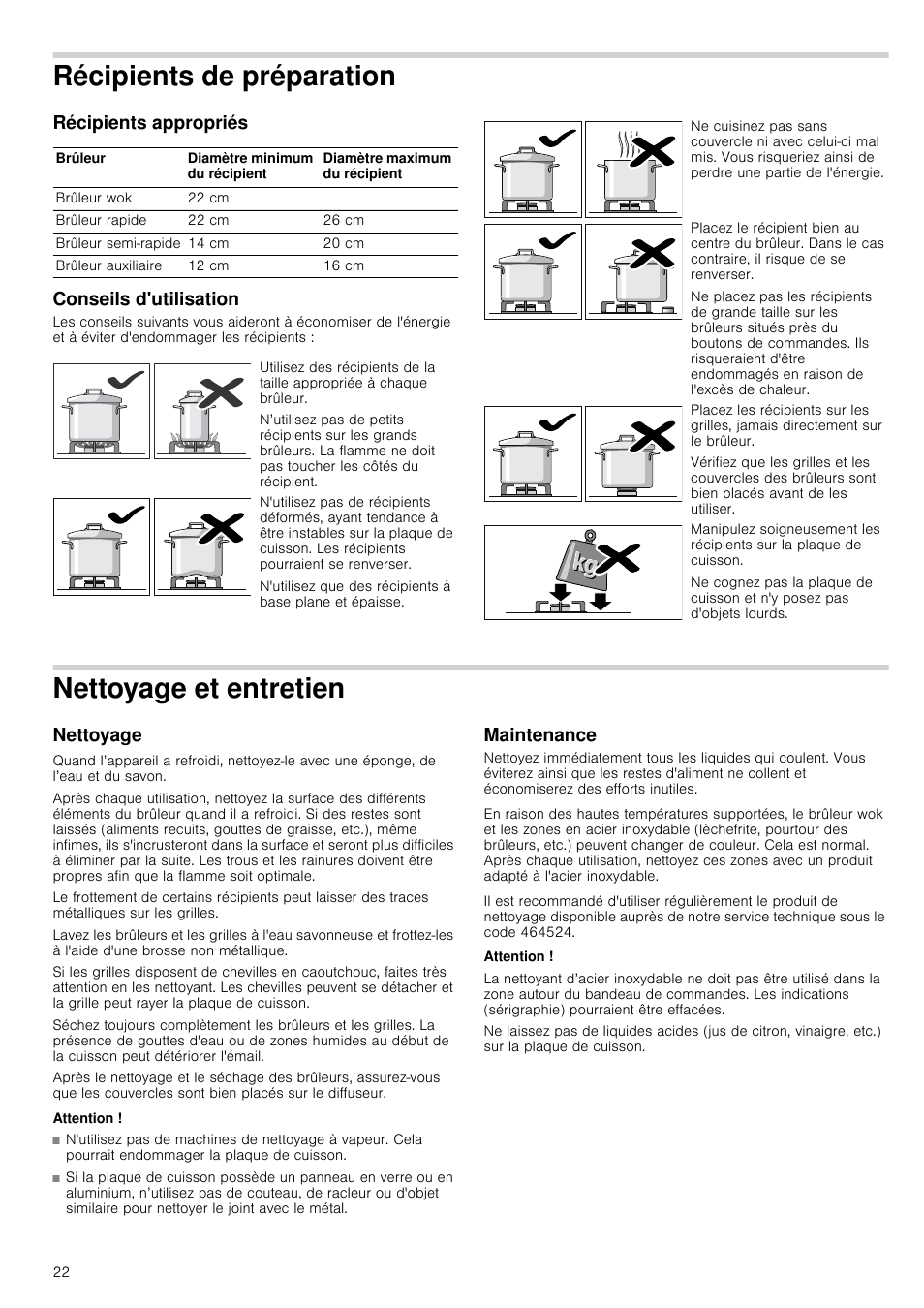 Récipients de préparation, Récipients appropriés, Conseils d'utilisation | Nettoyage et entretien, Nettoyage, Attention, Maintenance, Récipients appropriés conseils d'utilisation | Neff T22S36N0 User Manual | Page 22 / 32
