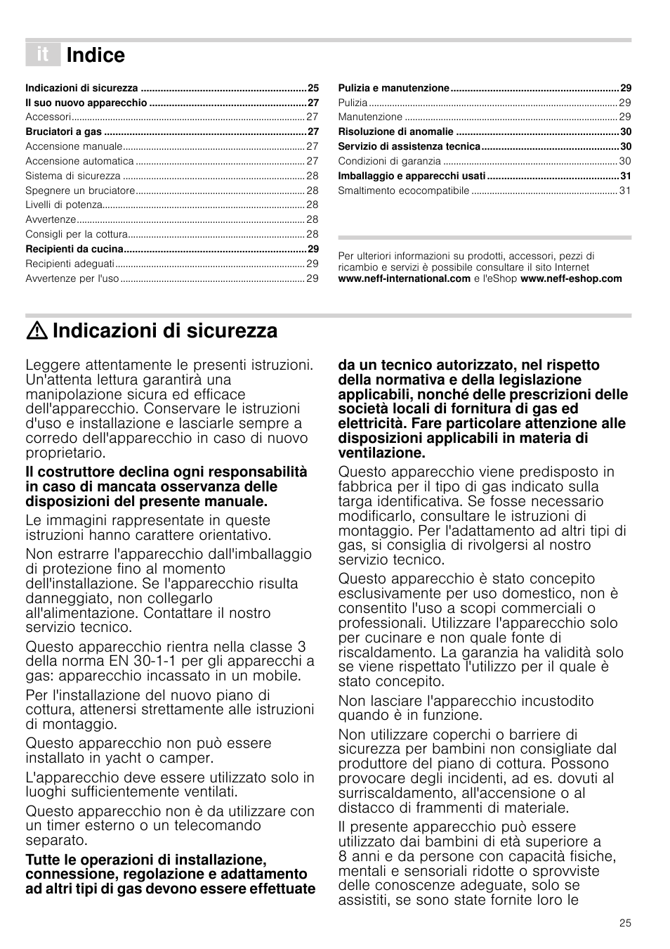 Â indice[it] istruzioni per l’uso, Indicazioni di sicurezza, Istruzioni per l’uso | Indice | Neff T22S36N0 User Manual | Page 25 / 32