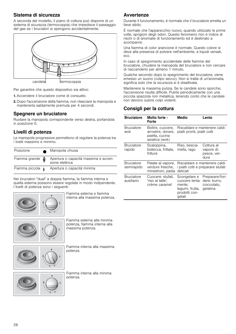 Sistema di sicurezza, Accendere il bruciatore come di consueto, Spegnere un bruciatore | Livelli di potenza, Avvertenze, Consigli per la cottura, Spegnere un bruciatore livelli di potenza | Neff T22S36N0 User Manual | Page 28 / 32
