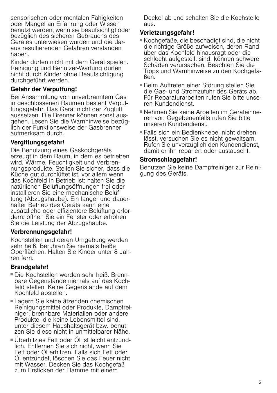 Gefahr der verpuffung, Vergiftungsgefahr, Verbrennungsgefahr | Brandgefahr, Verletzungsgefahr, Stromschlaggefahr | Neff T22S36N0 User Manual | Page 5 / 32