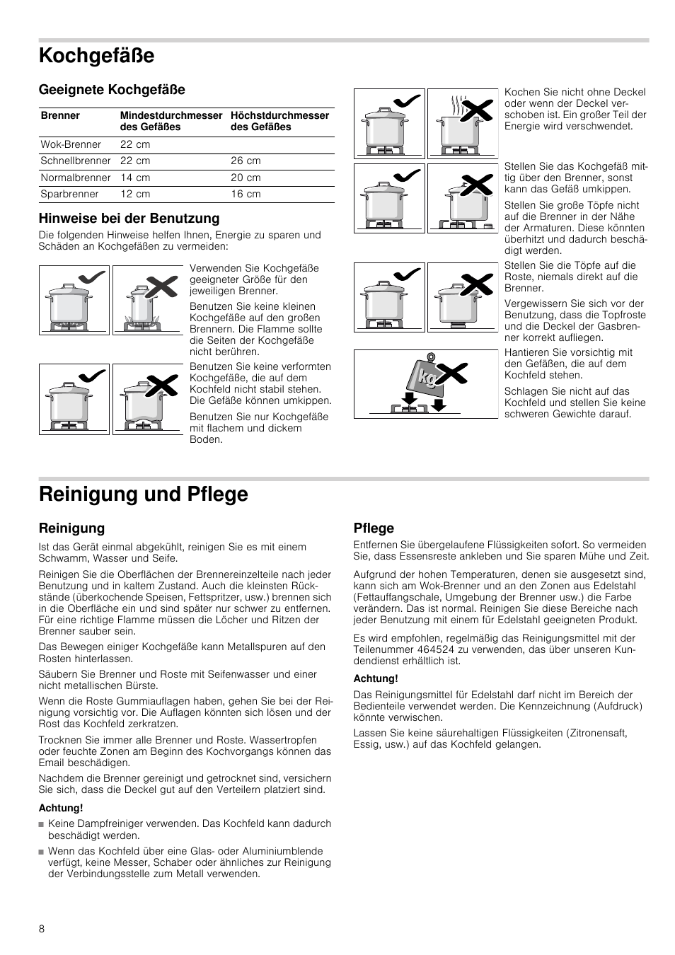 Kochgefäße, Geeignete kochgefäße, Hinweise bei der benutzung | Reinigung und pflege, Reinigung, Achtung, Pflege, Fäße, Geeignete kochgefäße hinweise bei der benutzung | Neff T22S36N0 User Manual | Page 8 / 32