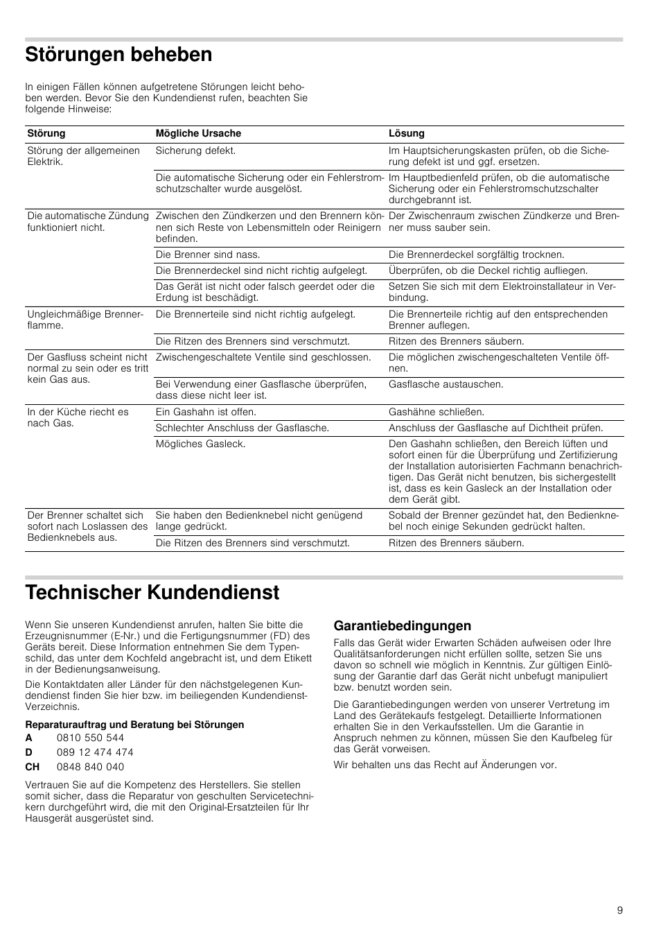 Störungen beheben, Technischer kundendienst, Reparaturauftrag und beratung bei störungen | Garantiebedingungen, Wir behalten uns das recht auf änderungen vor, En beheben, Undendienst | Neff T22S36N0 User Manual | Page 9 / 32