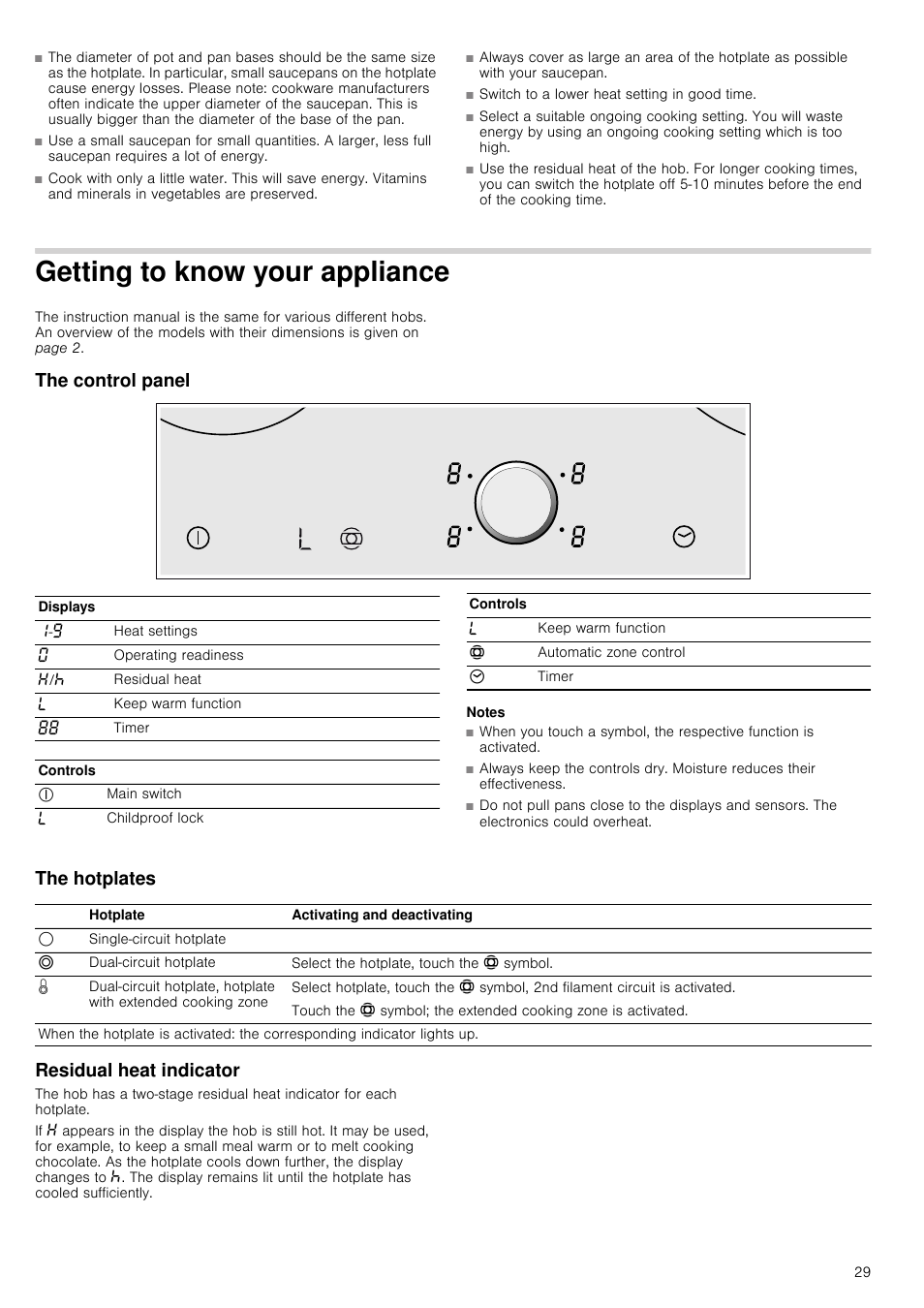 Getting to know your appliance, The control panel, Notes | The hotplates, Residual heat indicator, Our appliance, The hotplates residual heat indicator | Neff T14T84N2 User Manual | Page 29 / 52