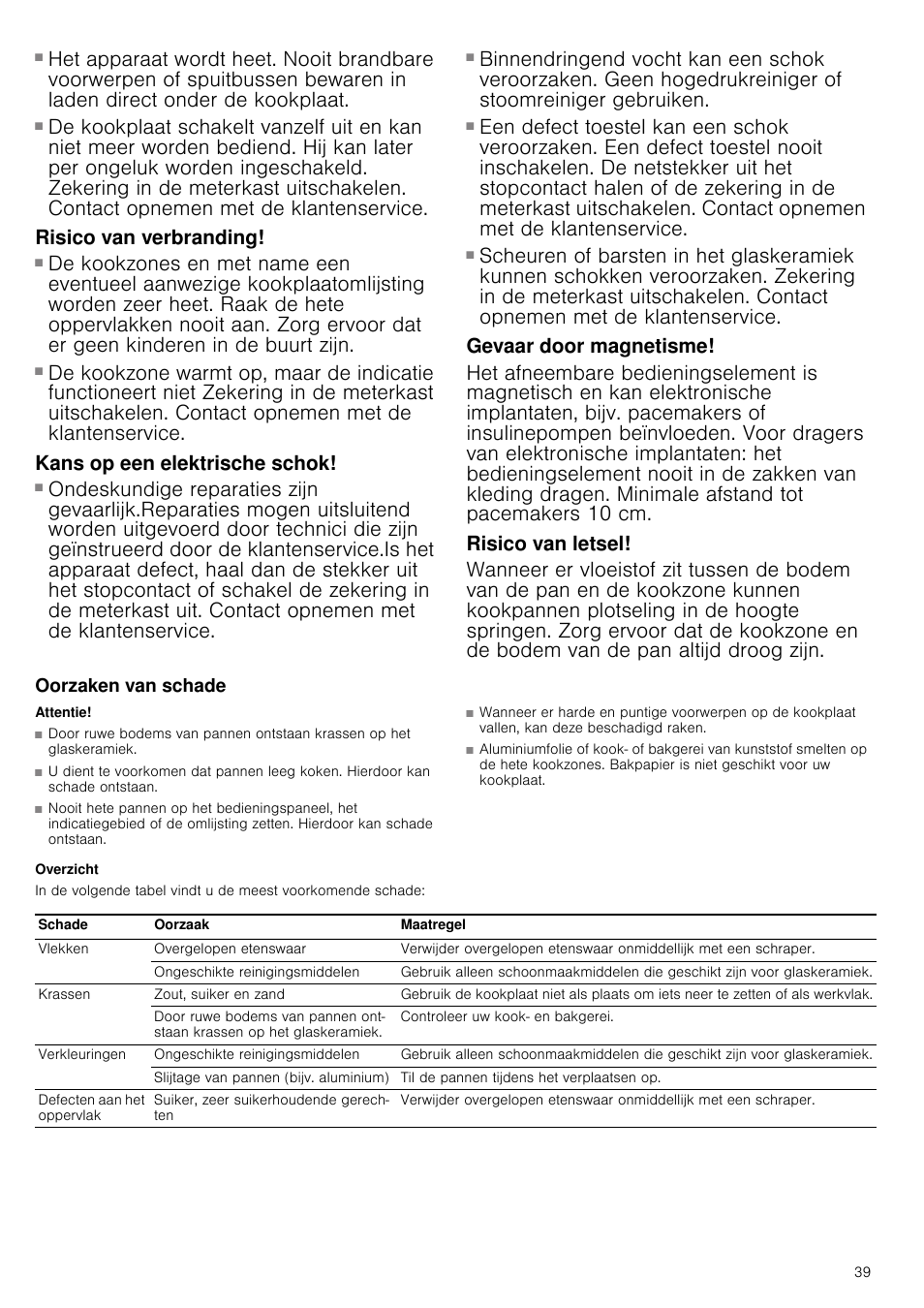 Risico van brand, Risico van verbranding, Kans op een elektrische schok | Gevaar door magnetisme, Risico van letsel, Oorzaken van schade, Attentie, Overzicht | Neff T14T84N2 User Manual | Page 39 / 52