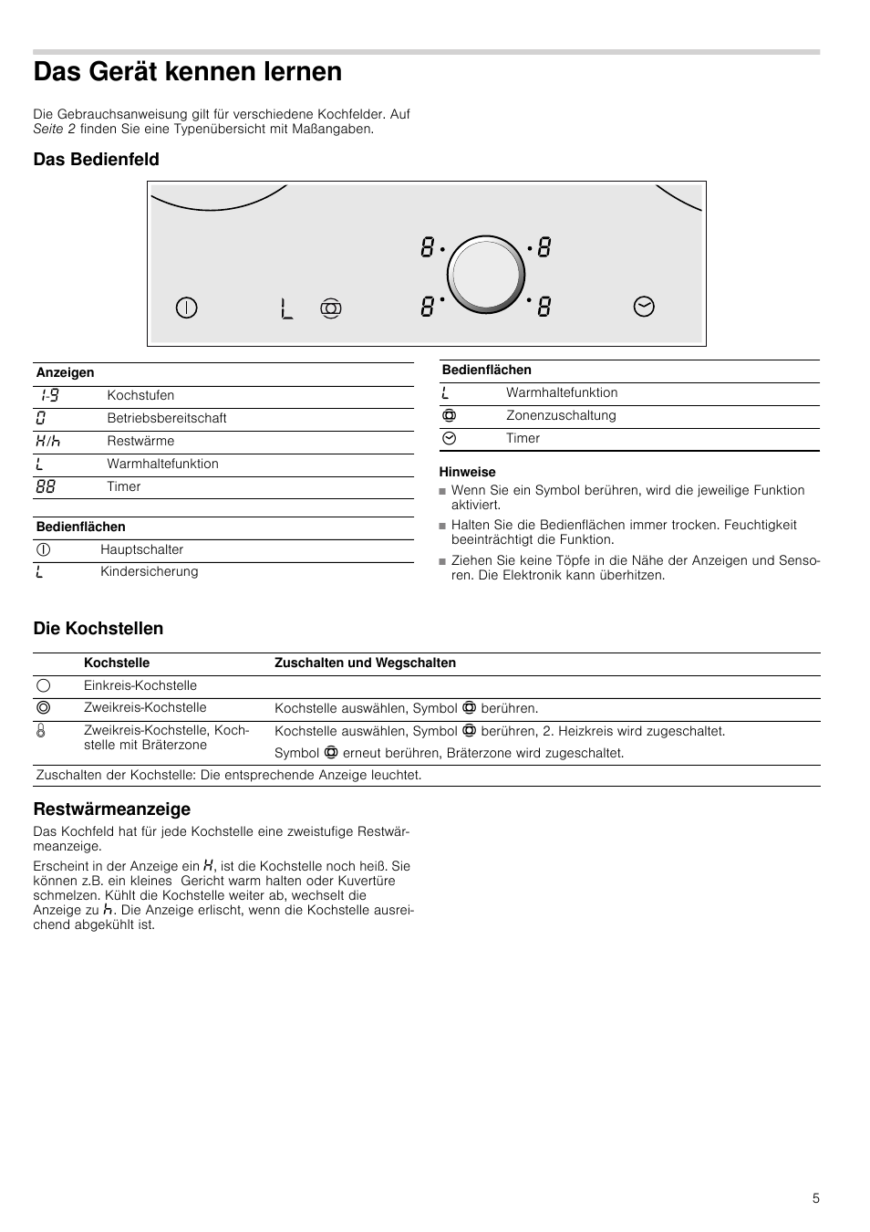 Das gerät kennen lernen, Das bedienfeld, Hinweise | Die kochstellen, Restwärmeanzeige, Ennen lernen, Die kochstellen restwärmeanzeige | Neff T14T84N2 User Manual | Page 5 / 52