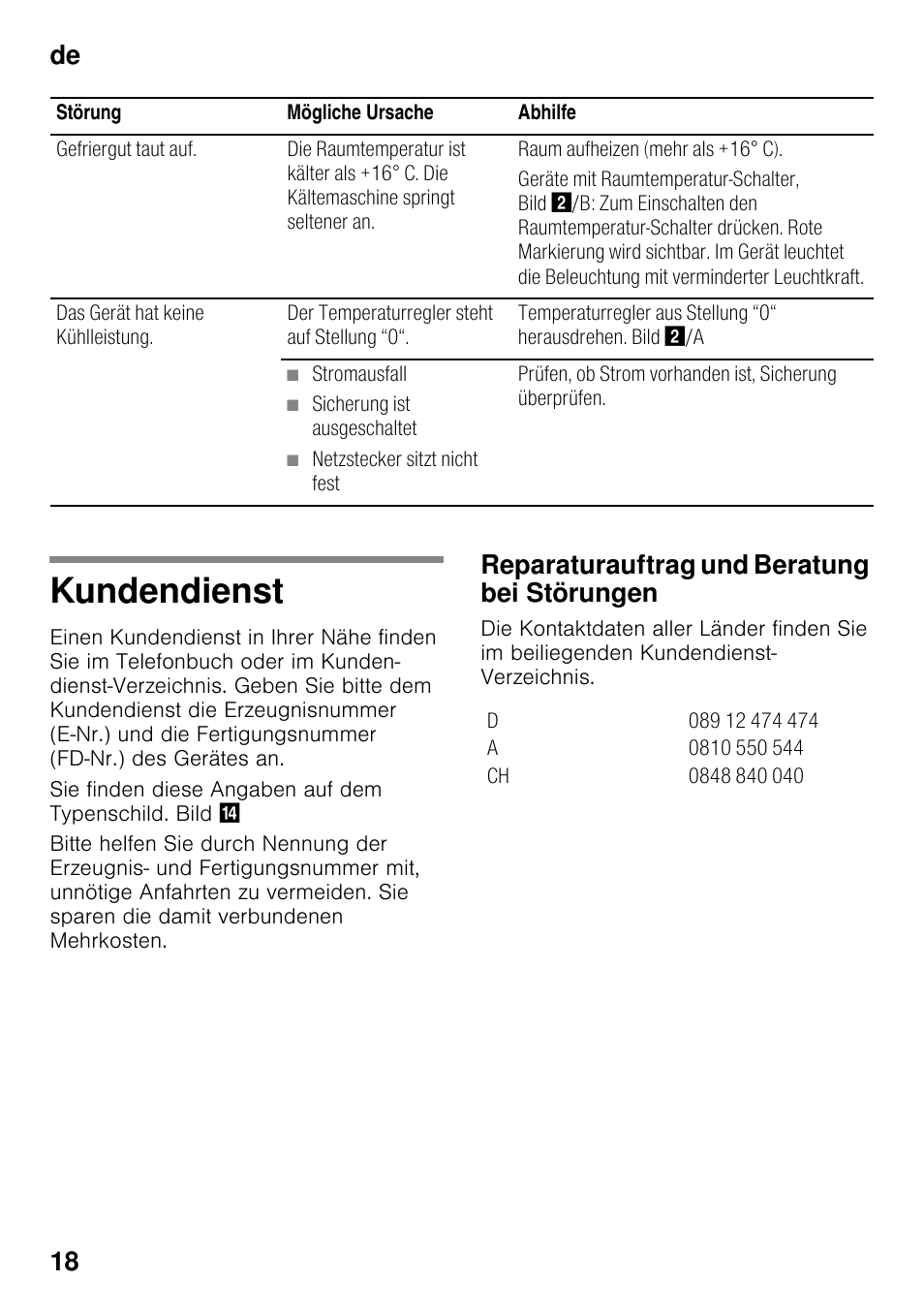 Stromausfall, Sicherung ist ausgeschaltet, Netzstecker sitzt nicht fest | Kundendienst, Reparaturauftrag und beratung bei störungen, De 18 | Neff K4336X8 User Manual | Page 18 / 82