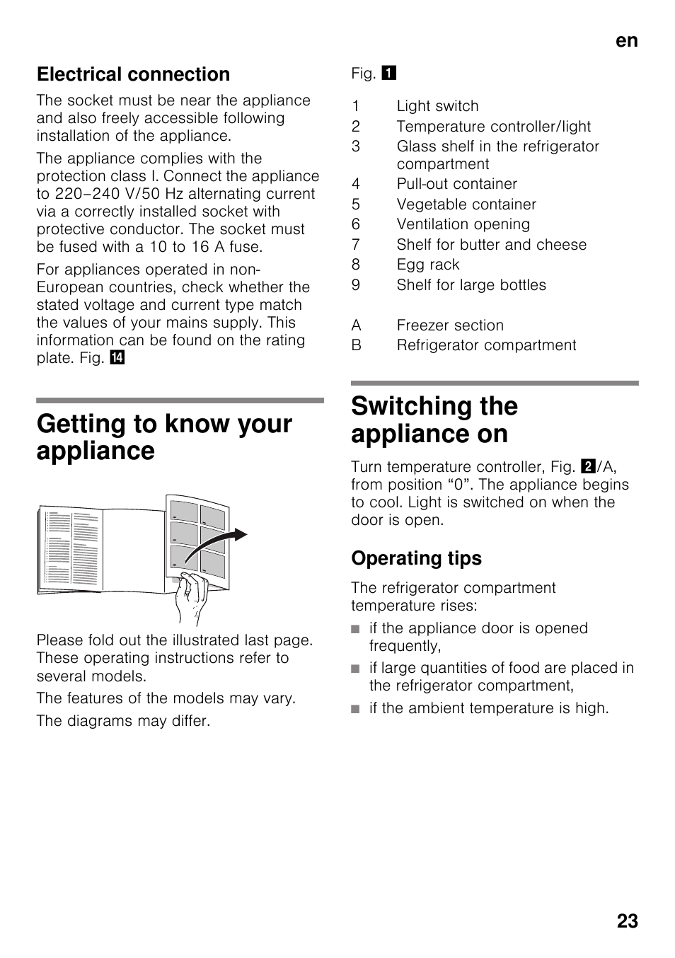 Electrical connection, Getting to know your appliance, Switching the appliance on | Operating tips, If the appliance door is opened frequently, If the ambient temperature is high, En 23 electrical connection | Neff K4336X8 User Manual | Page 23 / 82