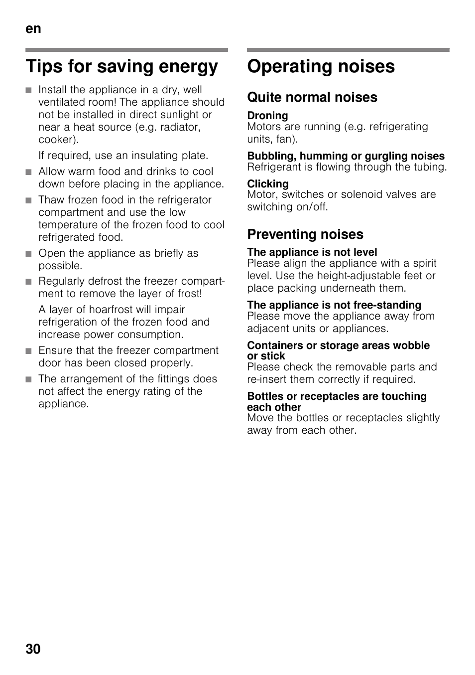 Tips for saving energy, If required, use an insulating plate, Open the appliance as briefly as possible | Operating noises, Quite normal noises, Droning, Bubbling, humming or gurgling noises, Clicking, Preventing noises, The appliance is not level | Neff K4336X8 User Manual | Page 30 / 82