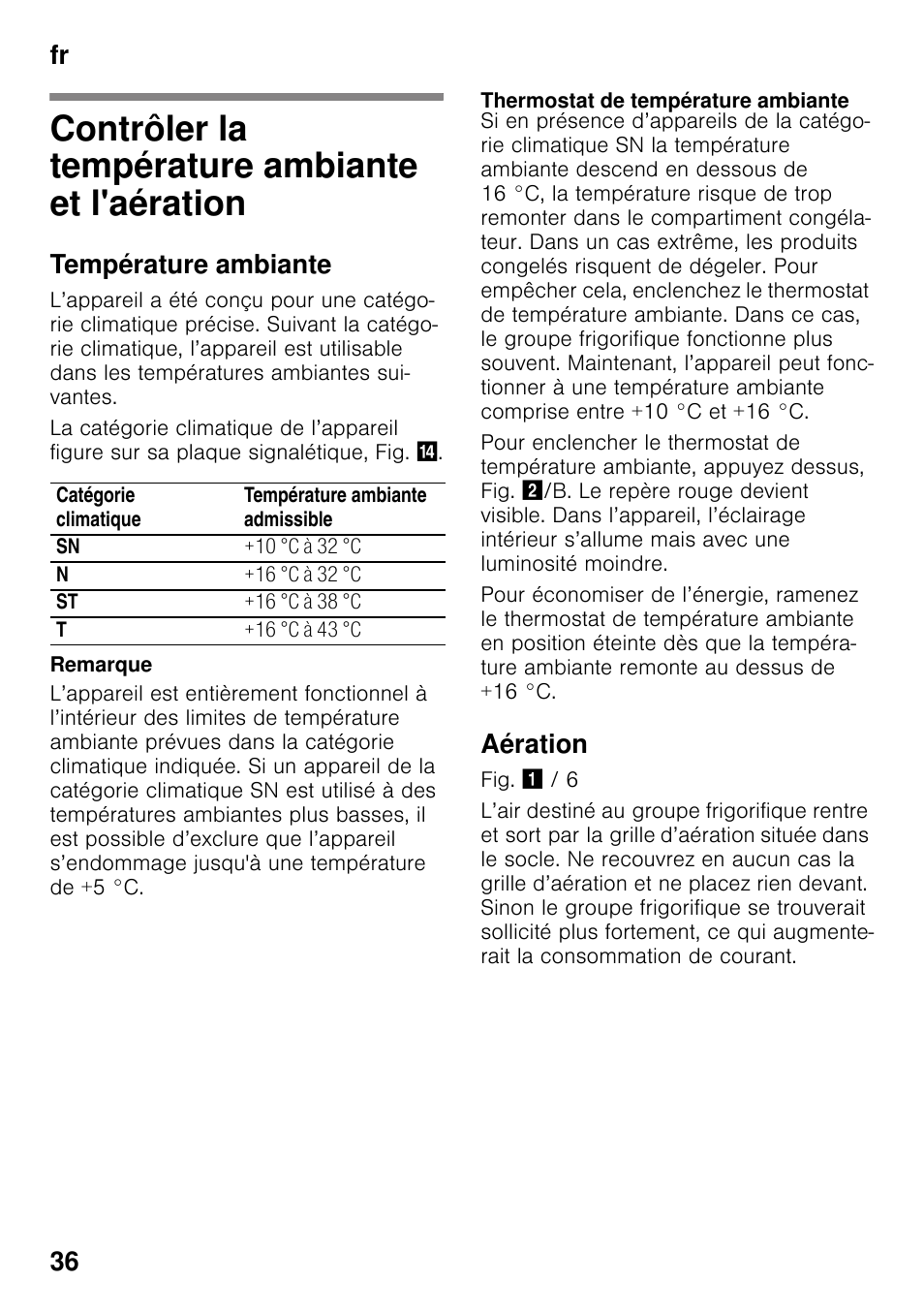 Contrôler la température ambiante et l'aération, Température ambiante, Thermostat de température ambiante | Aération, Et l'aération, Fr 36 | Neff K4336X8 User Manual | Page 36 / 82