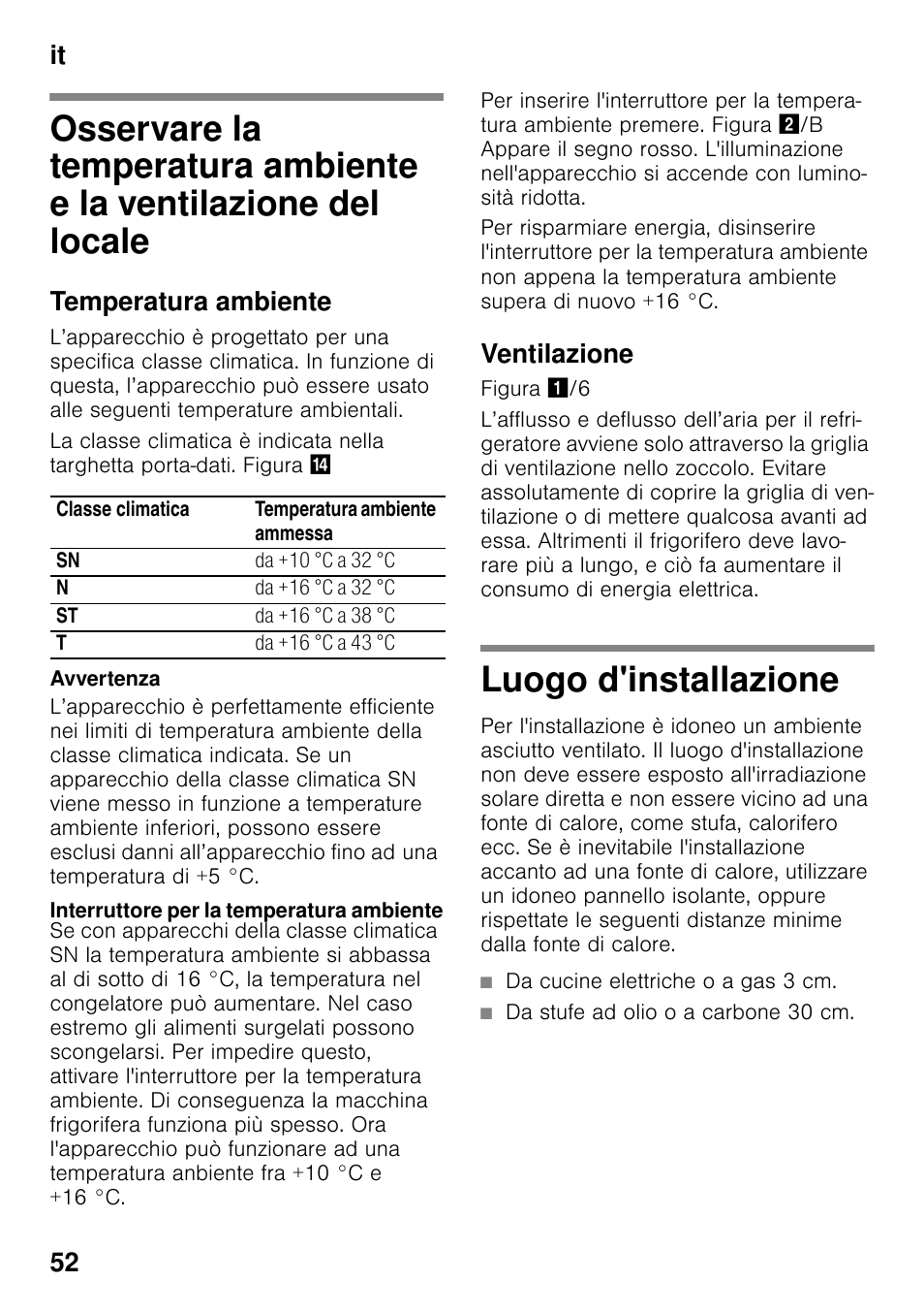 Temperatura ambiente, Interruttore per la temperatura ambiente, Ventilazione | Luogo d'installazione, Da cucine elettriche o a gas 3 cm, Da stufe ad olio o a carbone 30 cm, E la ventilazione del locale luogo d'installazione, It 52 | Neff K4336X8 User Manual | Page 52 / 82