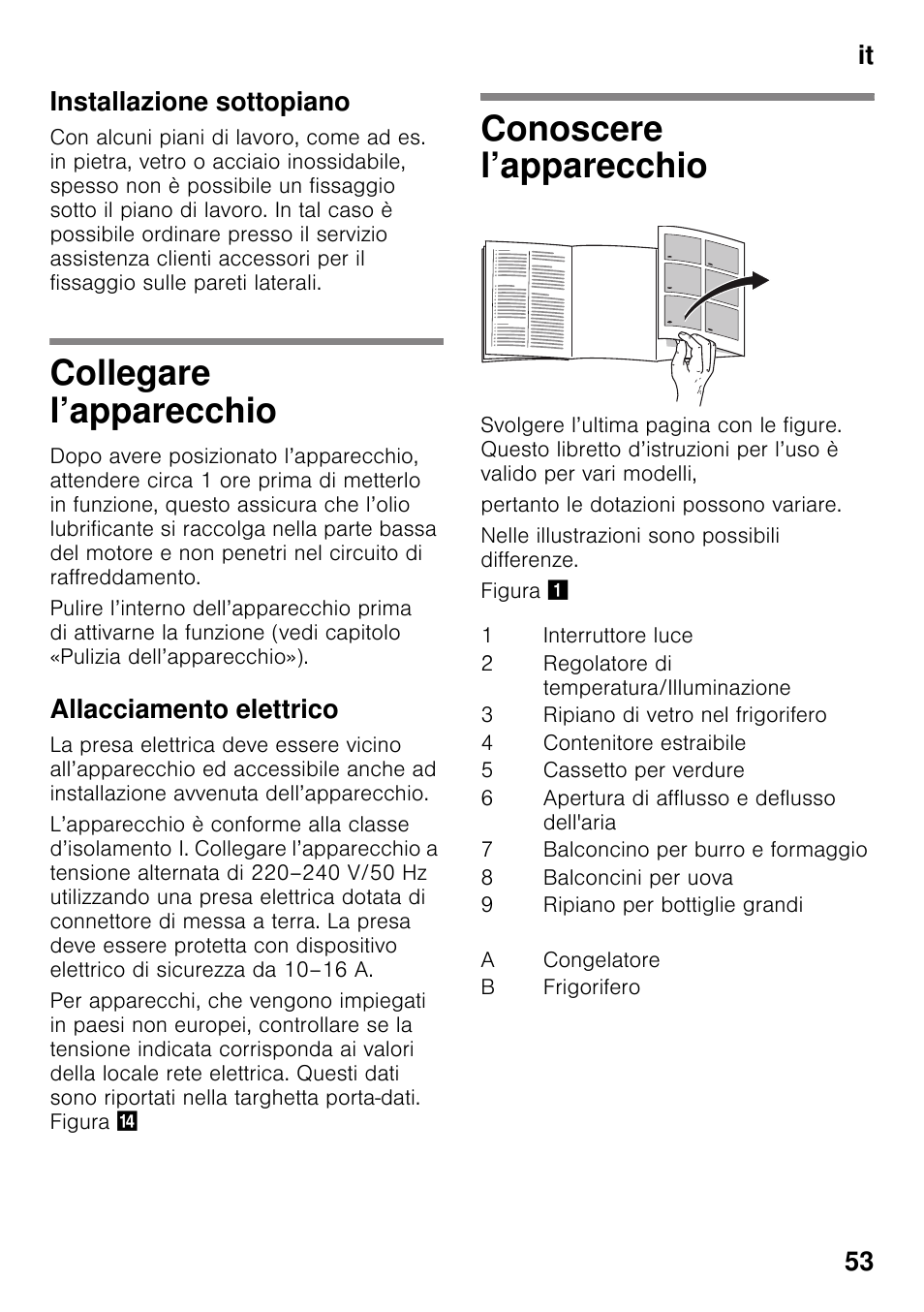Installazione sottopiano, Collegare l’apparecchio, Allacciamento elettrico | Conoscere l’apparecchio, Collegare l’apparecchio conoscere l’apparecchio, It 53 installazione sottopiano | Neff K4336X8 User Manual | Page 53 / 82