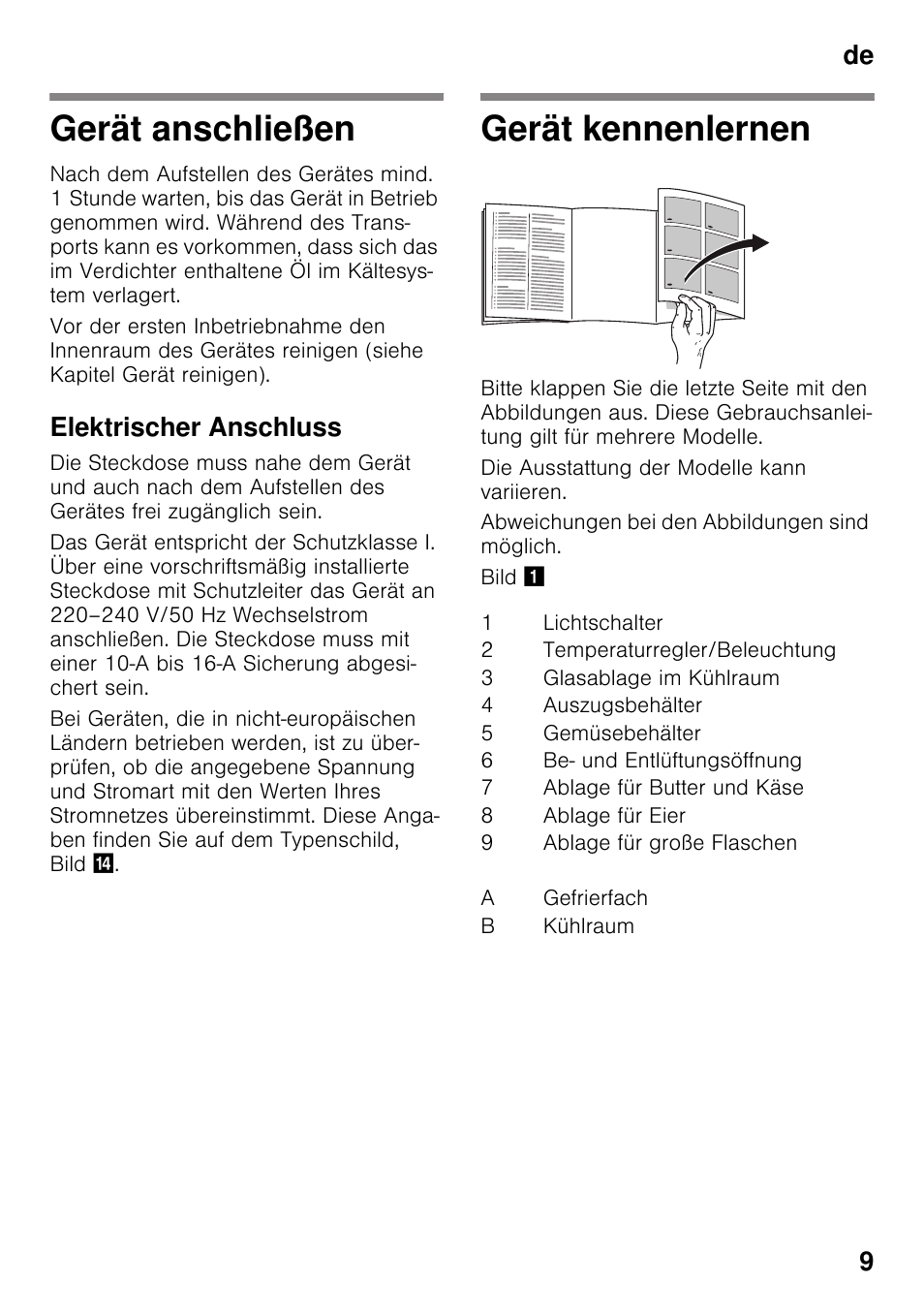 Gerät anschließen, Elektrischer anschluss, Gerät kennenlernen | Gerät anschließen gerät kennenlernen, De 9 | Neff K4336X8 User Manual | Page 9 / 82