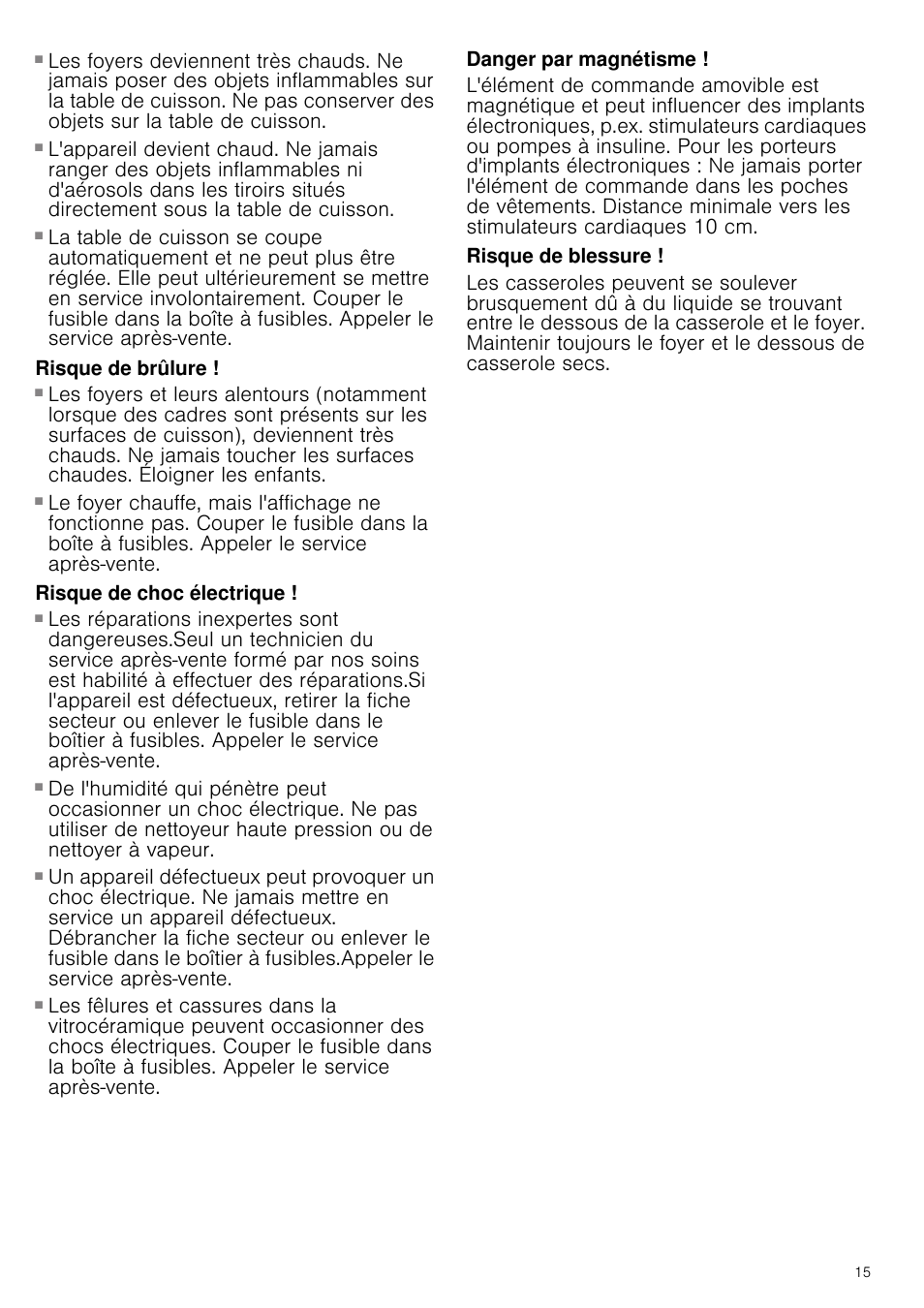 Risque d'incendie, Risque de brûlure, Risque de choc électrique | Danger par magnétisme, Risque de blessure | Neff T14T95N2 User Manual | Page 15 / 52