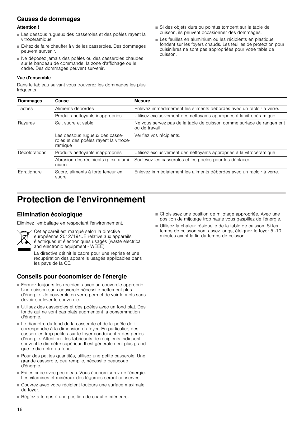 Causes de dommages, Attention, Vue d'ensemble | Protection de l'environnement, Elimination écologique, Conseils pour économiser de l'énergie, Vironnement | Neff T14T95N2 User Manual | Page 16 / 52