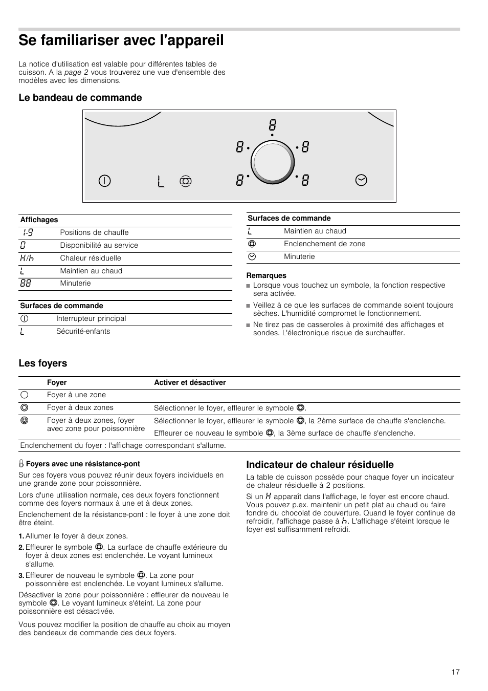 Se familiariser avec l'appareil, Le bandeau de commande, Remarques | Les foyers, Â foyers avec une résistance-pont, Allumer le foyer à deux zones, Indicateur de chaleur résiduelle | Neff T14T95N2 User Manual | Page 17 / 52