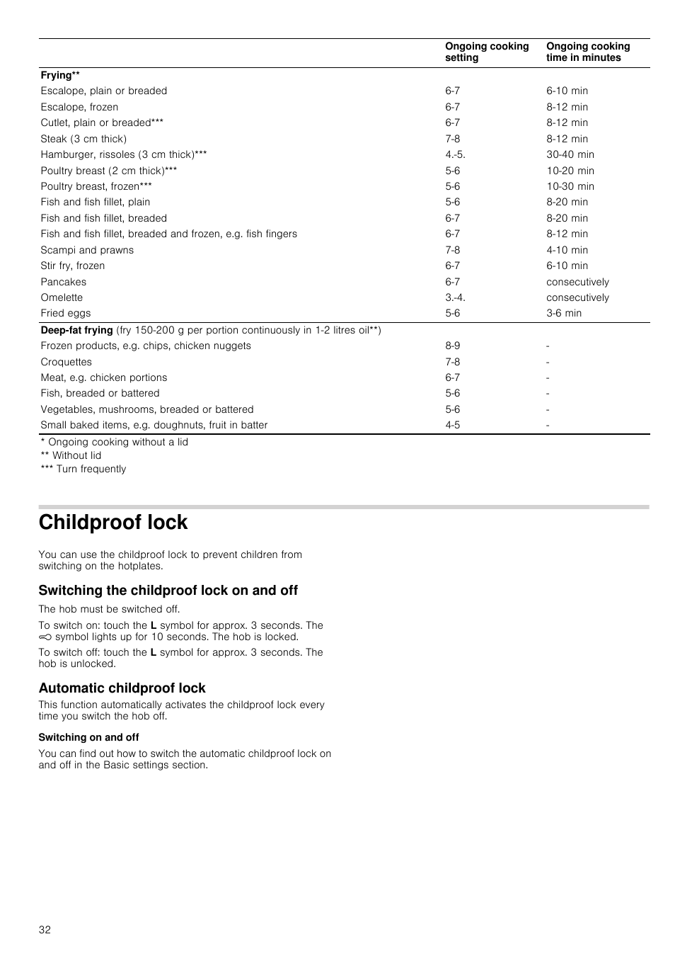 Childproof lock, Switching the childproof lock on and off, Automatic childproof lock | Switching on and off | Neff T14T95N2 User Manual | Page 32 / 52