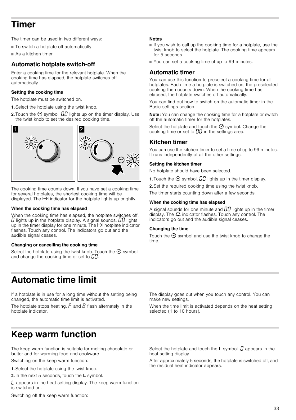 Timer, Automatic hotplate switch-off, Setting the cooking time | Select the hotplate using the twist knob, When the cooking time has elapsed, Changing or cancelling the cooking time, Notes, Automatic timer, Note, Kitchen timer | Neff T14T95N2 User Manual | Page 33 / 52