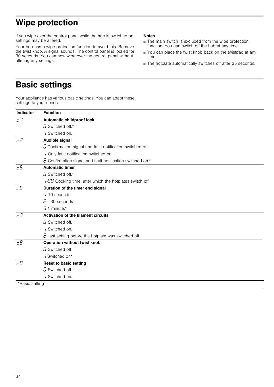 Wipe protection, Notes, Basic settings | Ection, Ttings | Neff T14T95N2 User Manual | Page 34 / 52