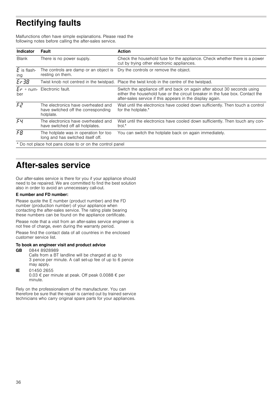 Rectifying faults, After-sales service, To book an engineer visit and product advice | Vice | Neff T14T95N2 User Manual | Page 36 / 52