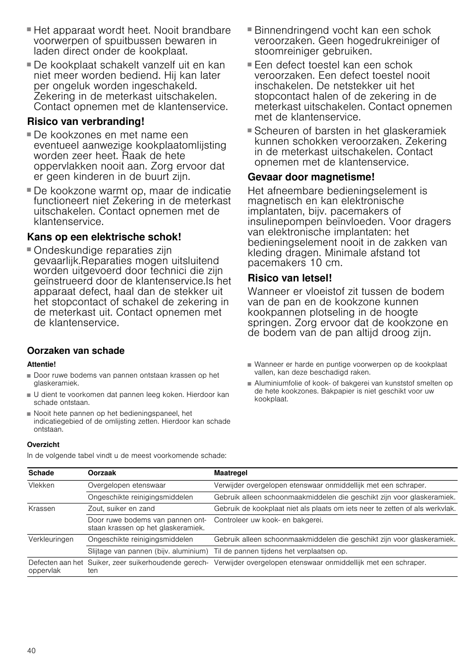 Risico van brand, Risico van verbranding, Kans op een elektrische schok | Gevaar door magnetisme, Risico van letsel, Oorzaken van schade, Attentie, Overzicht | Neff T14T95N2 User Manual | Page 40 / 52