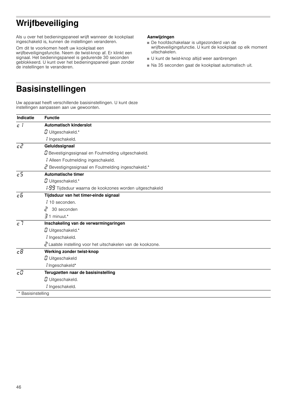 Wrijfbeveiliging, Aanwijzingen, Basisinstellingen | Eiliging | Neff T14T95N2 User Manual | Page 46 / 52