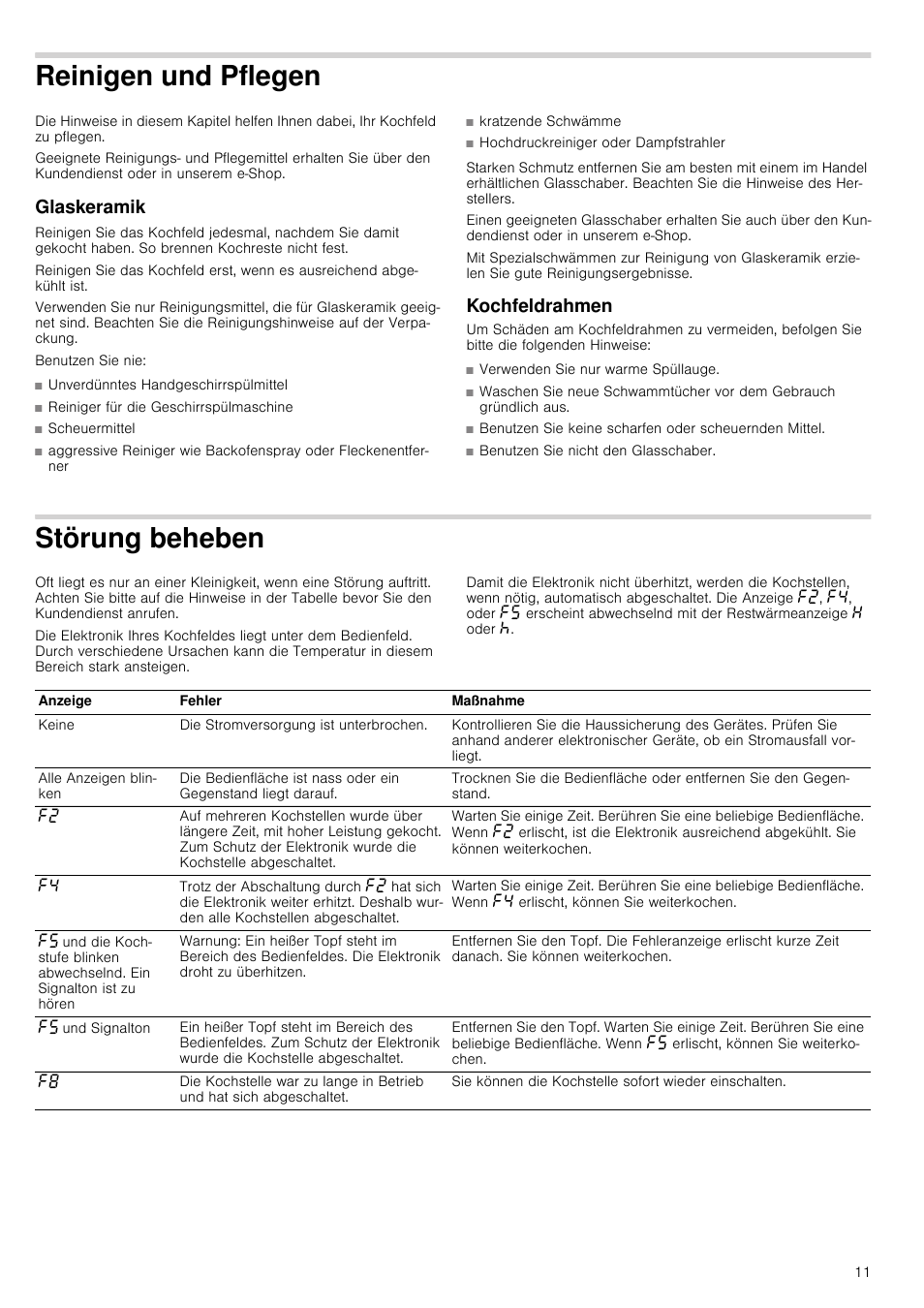 Reinigen und pflegen, Glaskeramik, Kochfeldrahmen | Störung beheben, En glaskeramik, Örung beheben | Neff T13D42N2 User Manual | Page 11 / 48