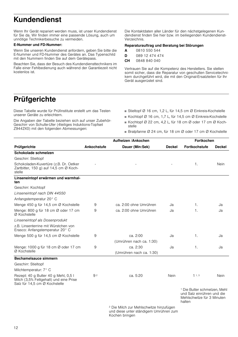 Kundendienst, Reparaturauftrag und beratung bei störungen, Prüfgerichte | Nein, Ca. 2:00 ohne umrühren, Ca. 2:00, Umrühren nach ca. 1:30), Ca. 2:30, Ca. 5:20, Ichte | Neff T13D42N2 User Manual | Page 12 / 48